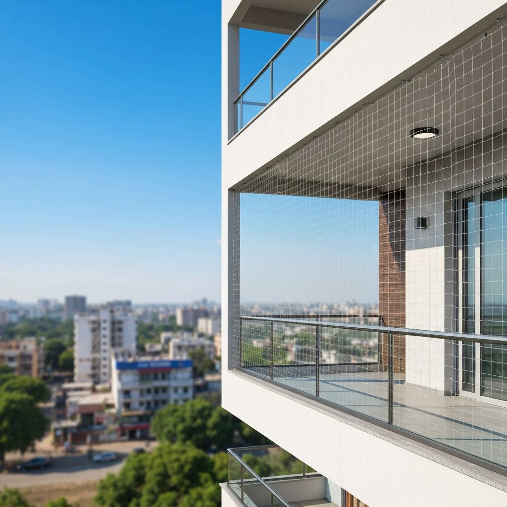Pigeon safety net installed on apartment balcony